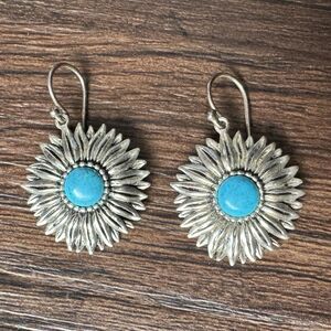 Vintage Estate 925 Sterling Silver Turquoise Sunflower Dangle Earrings, Flower